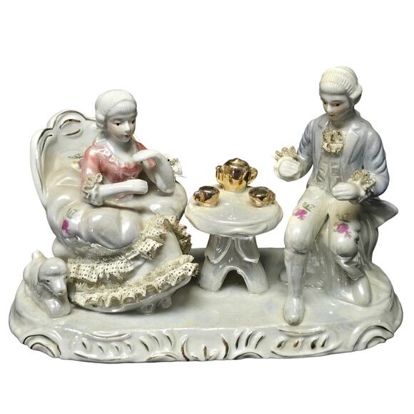 Porcelain Victorian Colonial Courting Couple Dog Woman & Man Figurine Tea Party - Picture 1 of 10